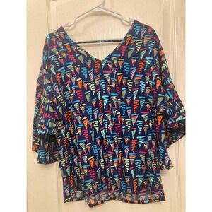 Womens Colorful Print‎ Blouse V Neck 3/4 Sleeve Ruffle Hem Top